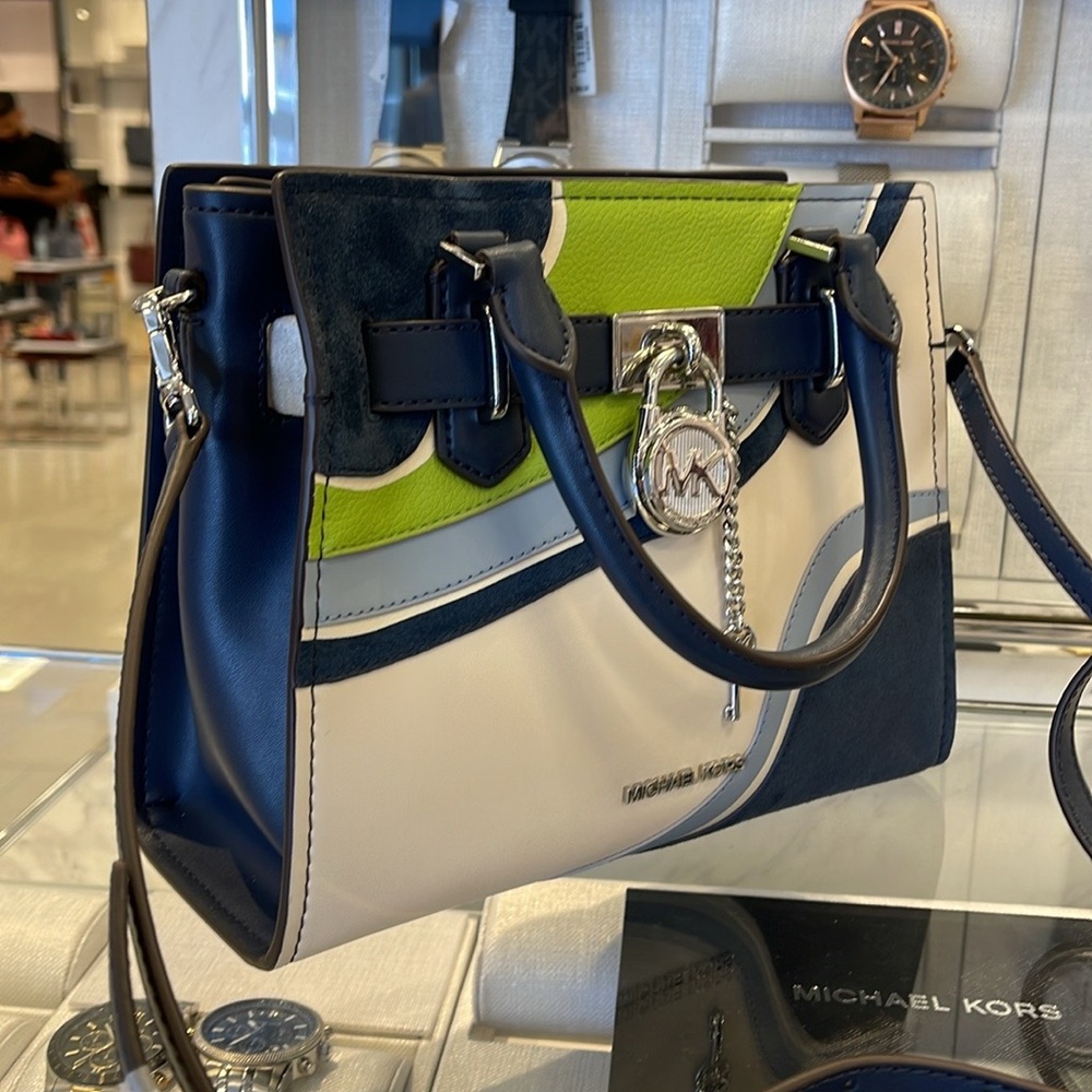 Michael Kors Navy White Lime Leather Colorblock Satchel